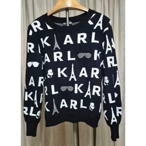 Karl Lagerfeld Paris Embellished Logo Sweater Women’s M Black White Eiffel Tower